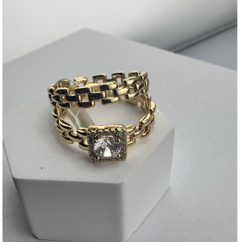 New 14K Gold Plated Chain Link Square Halo Cubic Zirconia Stackable Ring Set